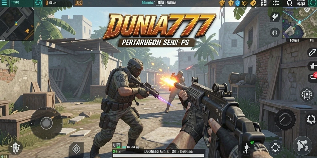 Tangkapan layar gameplay DUNIA777 menunjukkan aksi tembak-menembak yang intens.