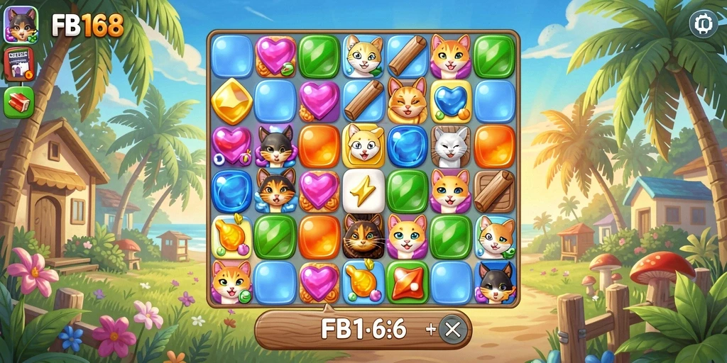 Screenshot FB168 menunjukkan gameplay menarik dari permainan Match-3.