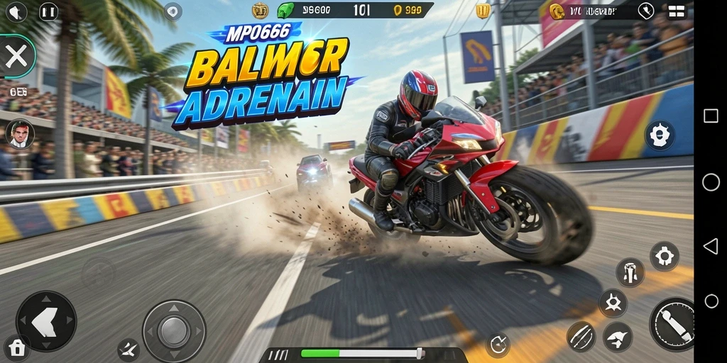 Screenshot gameplay MPO666 yang menampilkan balapan motor seru.