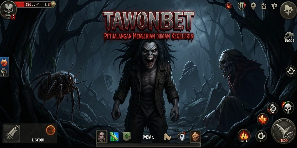 Screenshot utama TAWONBET menampilkan suasana mencekam dengan makhluk menyeramkan.